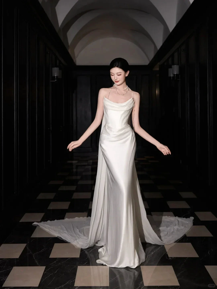 Classy White Satin Chiffon Mermaid Prom Dress,Strapless Long Wedding Dress Y8591 by simplepromdress