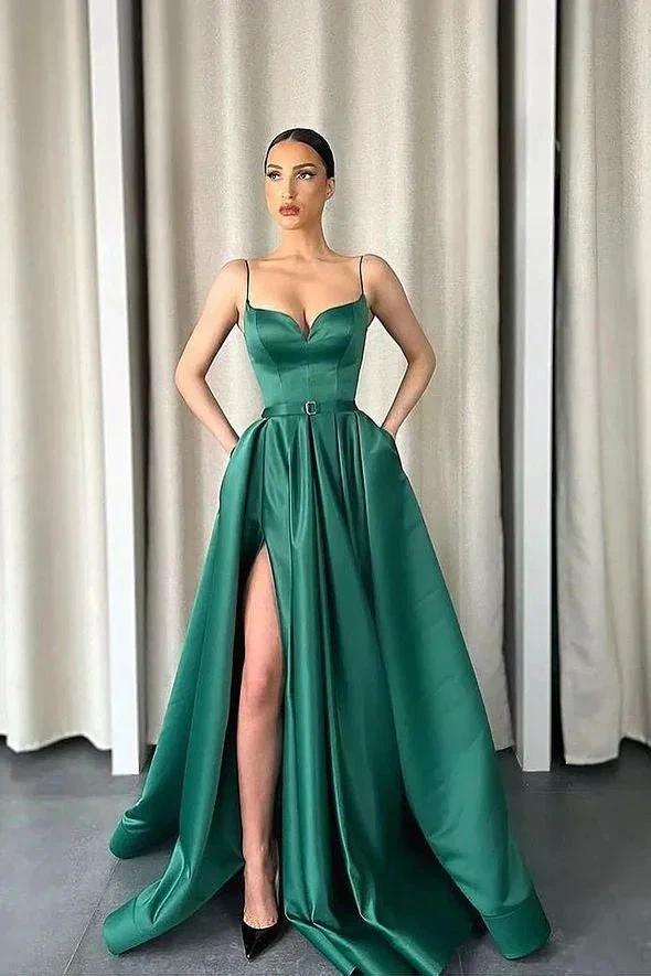 Long A-Line Satin Spaghetti Straps V-Neck Front Slit Prom Dress With Pockets by BIZTUNNEL