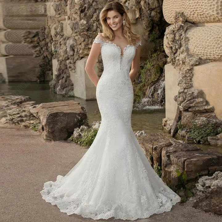 Mermaid Wedding Dress Women Charming Lace Appliques Bridal Gown Robe De Mariée Illusion Short Sleeves Gorgeous Boho by payinti