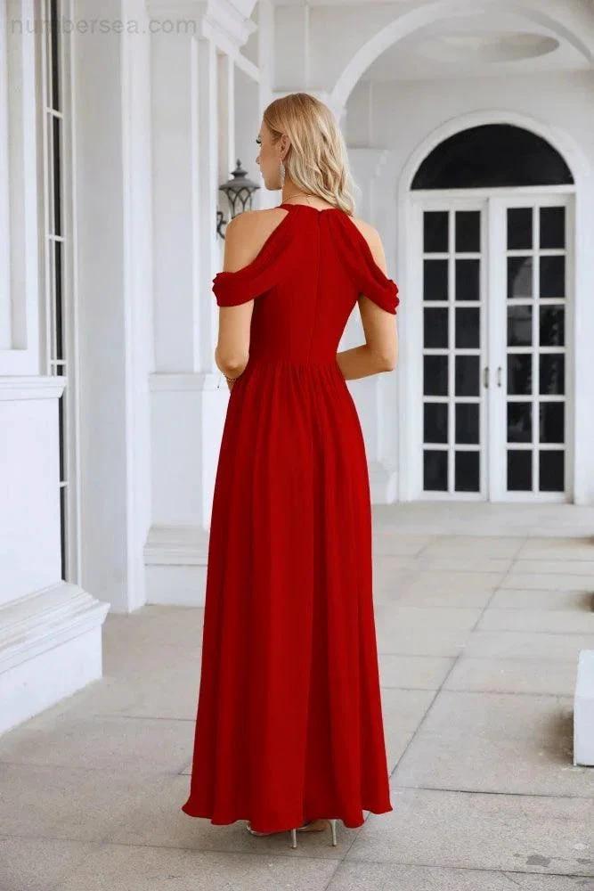 Ladies Chiffon Off Shoulder Swing Sleeve Front Slit Bridesmaid Evening Dress Wedding Party Evening Dress 28117 by numbersea