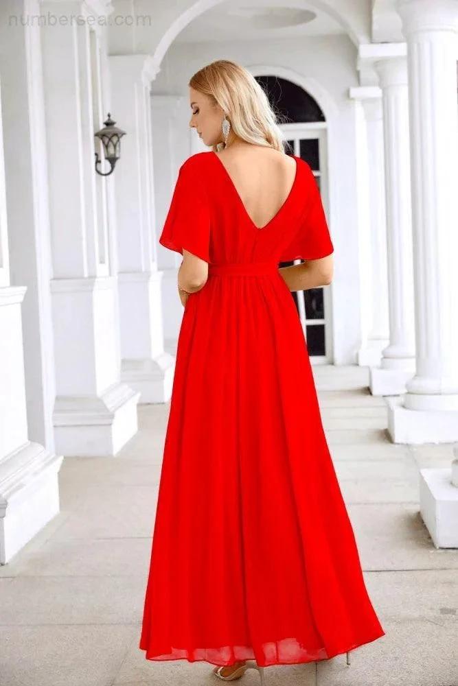 Ladies Chiffon Sleeve Crew Neck Front Slit Floor Length Bridesmaid Evening Dress Wedding Party Evening Dress 28124 by numbersea