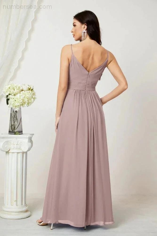 Numbersea Chiffon V-Neck Bridesmaid Dress Spaghetti Strap Long Formal Party Prom Gowns with Slit 28010 by numbersea