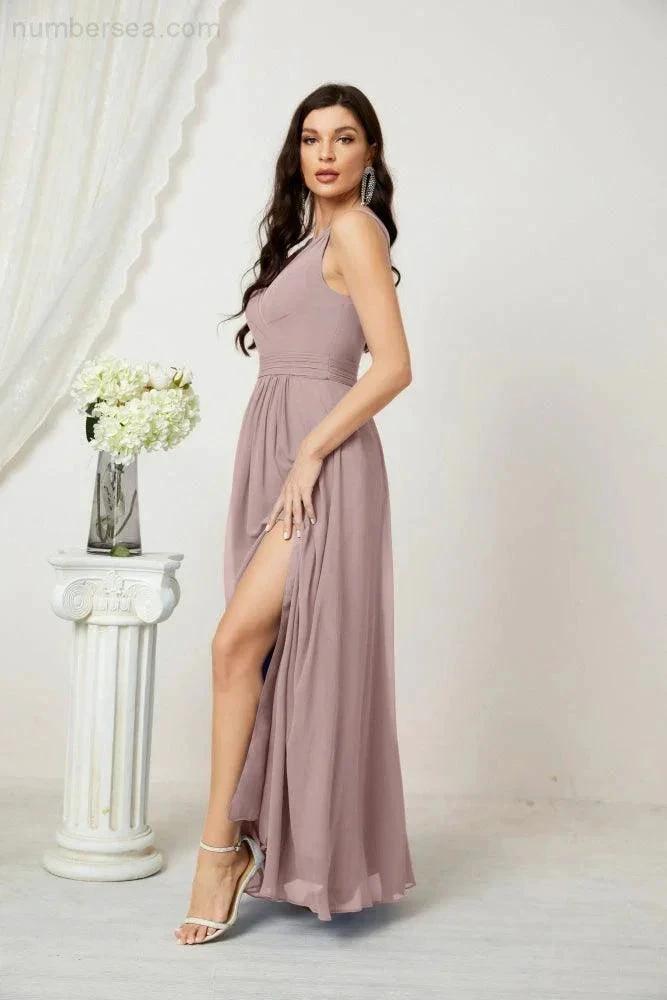 Numbersea Chiffon V-Neck Bridesmaid Dress Spaghetti Strap Long Formal Party Prom Gowns with Slit 28010 by numbersea