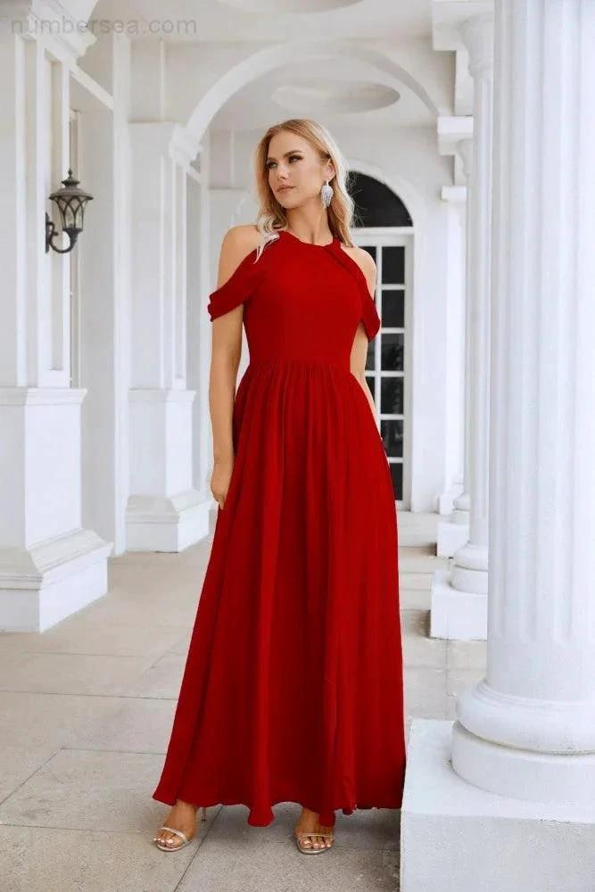 Ladies Chiffon Off Shoulder Swing Sleeve Front Slit Bridesmaid Evening Dress Wedding Party Evening Dress 28117 by numbersea