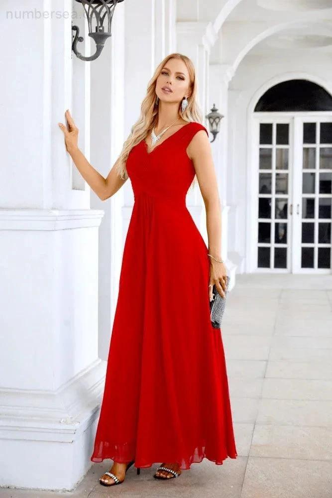 Ladies Chiffon V Neck Sleeveless Floor Length Bridesmaid Evening Dress Wedding Party Evening Dress 28126 by numbersea