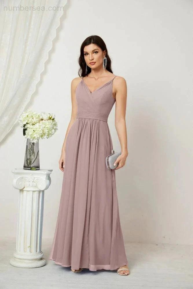 Numbersea Chiffon V-Neck Bridesmaid Dress Spaghetti Strap Long Formal Party Prom Gowns with Slit 28010 by numbersea