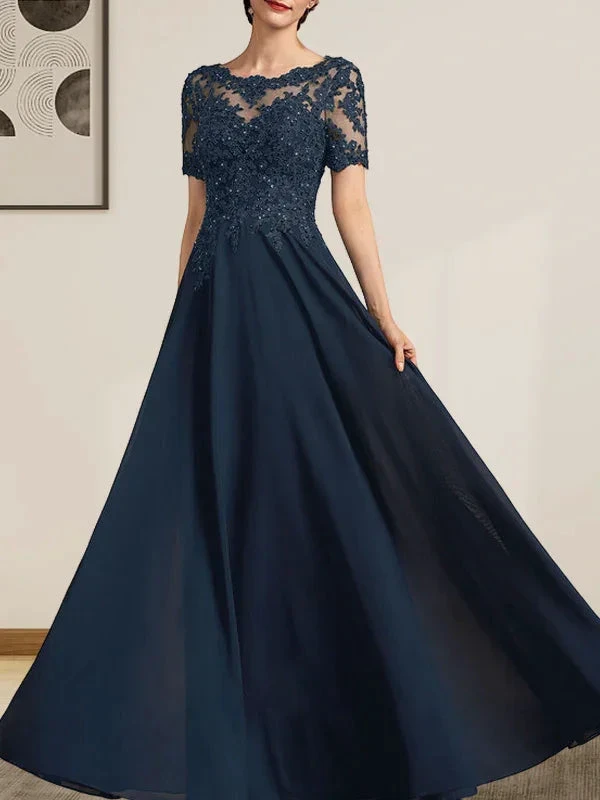 A-line Scoop Illusion Floor-Length Chiffon Lace Mother of the Bride Dress With Sequins Beading by Dreamylily