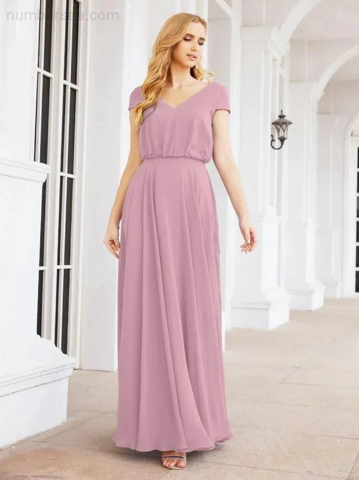 Numbersea V-Neck Bridesmaid Dresses Long Cap Sleeves Prom Evening Formal Gowns 28071 by numbersea