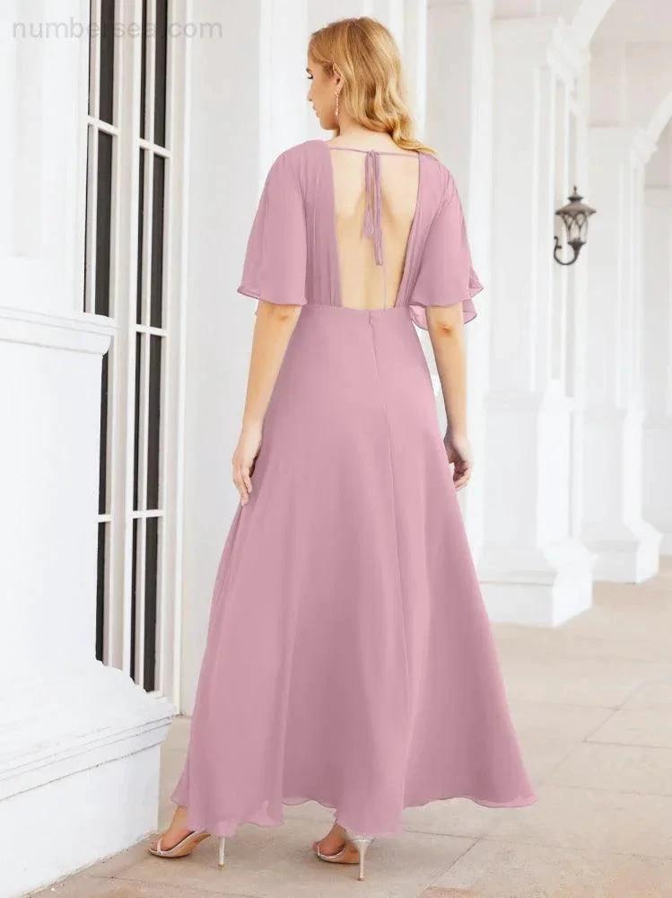 Numbersea V-Neck Bridesmaid Dress Chiffon Long Open Back Formal Dresses for Women Party Evening 28067 by numbersea