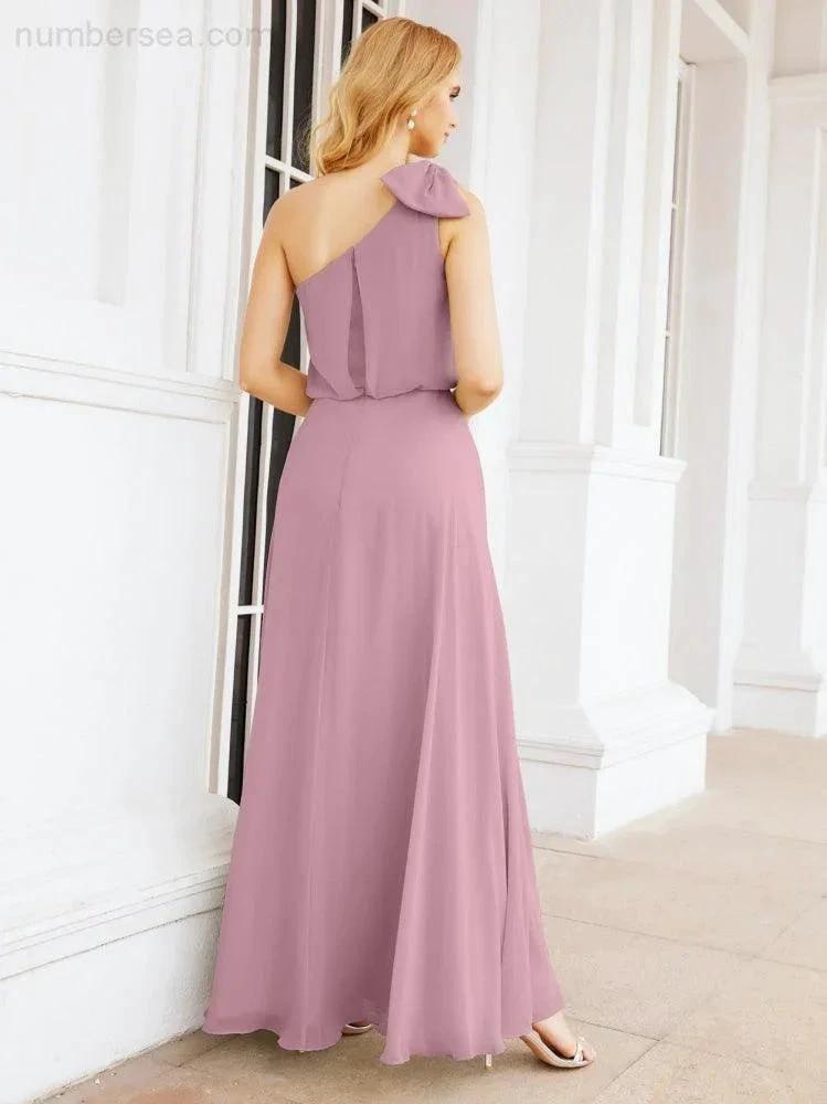 Numbersea Chiffon Ruffled One Shoulder Sleeveless Long Bride Dresses A-line Formal Evening Gown Side Split 28057 by numbersea