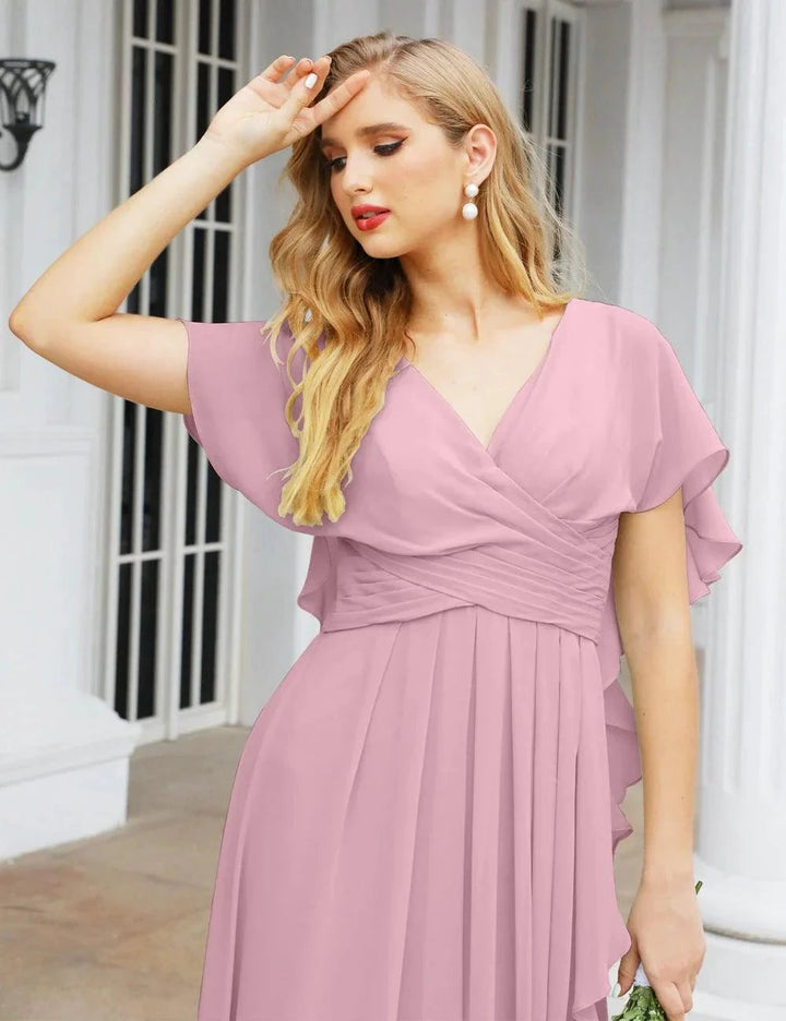 Numbersea Chiffon Bridesmaid Dresses Long Formal Evening Prom Mother of The Bride Dress with Flutter Sleeve SEA28040 by numbersea