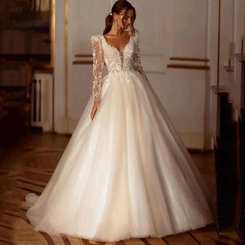 Glitter Champagne Wedding Dresses Long Sleeve Appliques Lace Modern Bridal Dress Tulle Bride Gown vestidos de novia by payinti