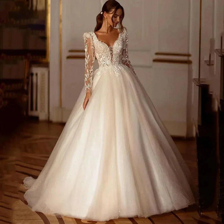 Glitter Champagne Wedding Dresses Long Sleeve Appliques Lace Modern Bridal Dress Tulle Bride Gown vestidos de novia by payinti