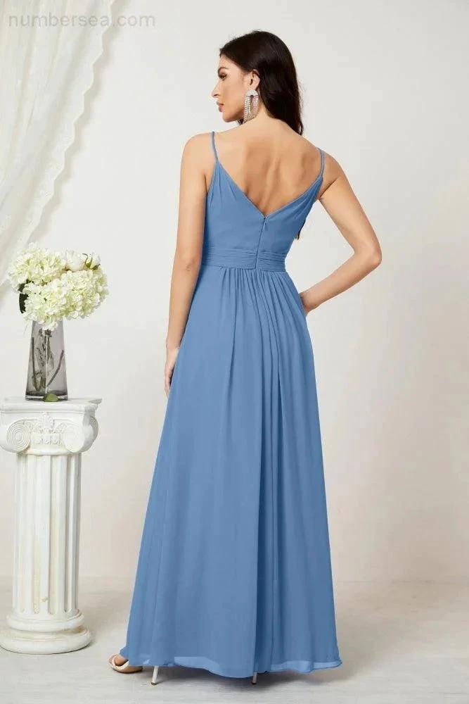 Numbersea Chiffon V-Neck Bridesmaid Dress Spaghetti Strap Long Formal Party Prom Gowns with Slit 28010 by numbersea