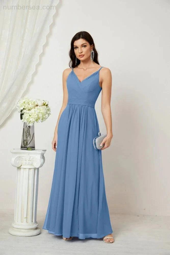 Numbersea Chiffon V-Neck Bridesmaid Dress Spaghetti Strap Long Formal Party Prom Gowns with Slit 28010 by numbersea