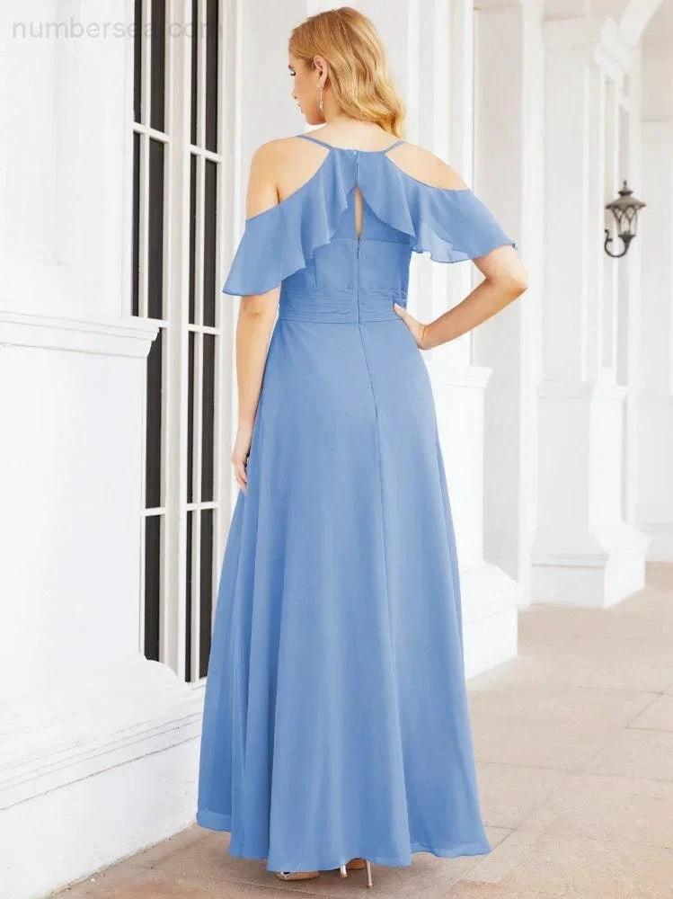 Numbersea Cold Shoulder Long Bridesmaid Dresses Side Slit Formal Prom Gowns Party Wedding 28070 by numbersea