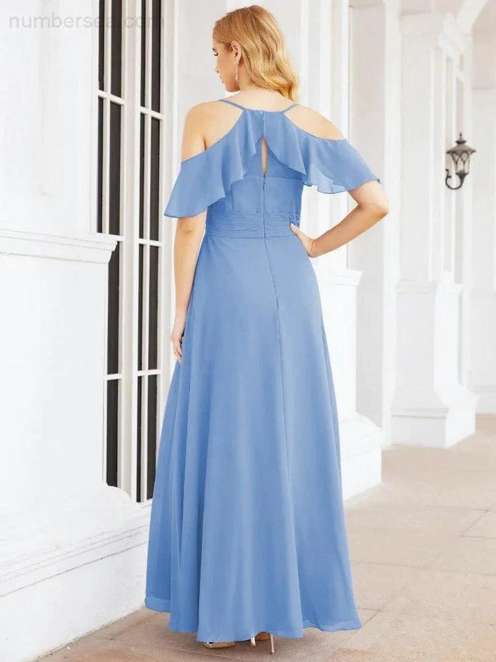 Numbersea Cold Shoulder Long Bridesmaid Dresses Side Slit Formal Prom Gowns Party Wedding 28070 by numbersea