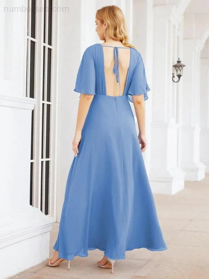 Numbersea V-Neck Bridesmaid Dress Chiffon Long Open Back Formal Dresses for Women Party Evening 28067 by numbersea