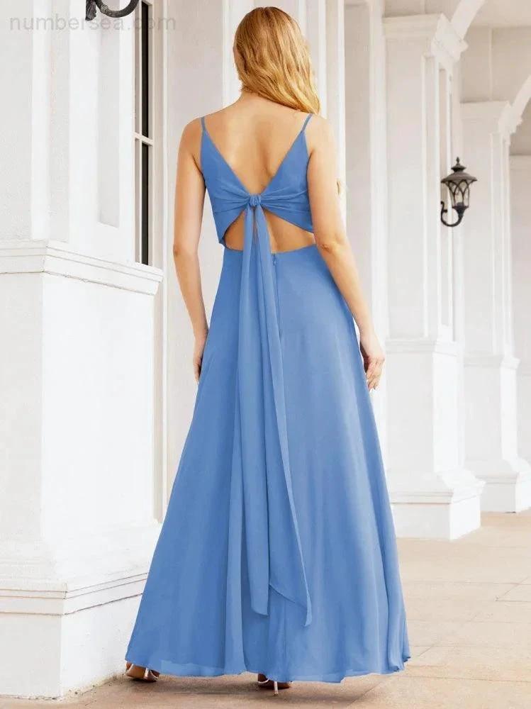 Numbersea Spaghetti Strap Bridesmaid Dresses V Neck Butterfly Back Fromal Evening Party Prom Gown 28036 by numbersea