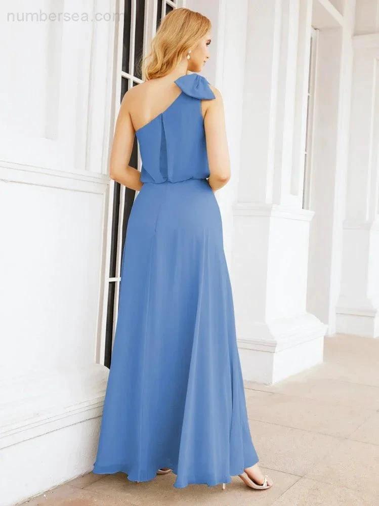 Numbersea Chiffon Ruffled One Shoulder Sleeveless Long Bride Dresses A-line Formal Evening Gown Side Split 28057 by numbersea