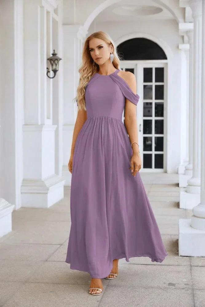 Vestido de noite para madrinhas em chiffon para senhora, com ombros descobertos, mangas largas e racha frontal, para festa de casamento 28117