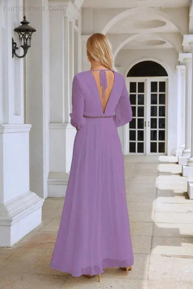 Ladies V Neck Chiffon Long Sleeve Front Slit Bridesmaid Evening Dress Wedding Party Shopping Evening Dress 28109 by numbersea
