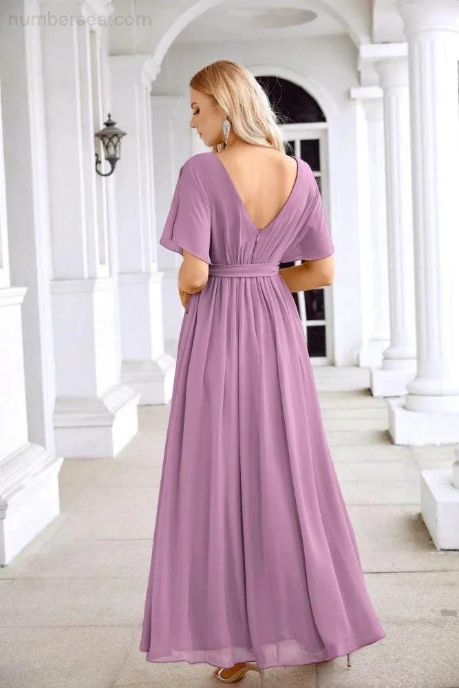 Ladies Chiffon Sleeve Crew Neck Front Slit Floor Length Bridesmaid Evening Dress Wedding Party Evening Dress 28124 by numbersea