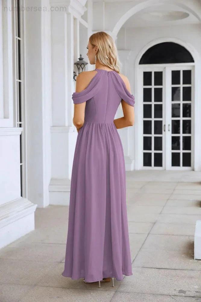 Vestido de noite para madrinhas em chiffon para senhora, com ombros descobertos, mangas largas e racha frontal, para festa de casamento 28117