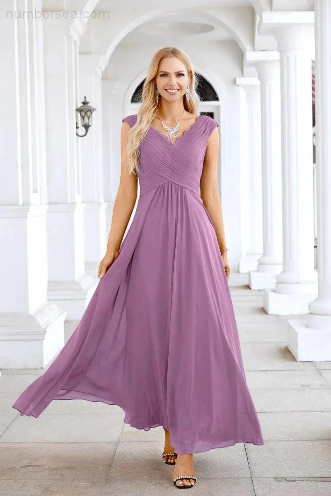 Ladies Chiffon V Neck Sleeveless Floor Length Bridesmaid Evening Dress Wedding Party Evening Dress 28126 by numbersea