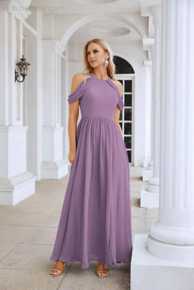 Vestido de noite para madrinhas em chiffon para senhora, com ombros descobertos, mangas largas e racha frontal, para festa de casamento 28117