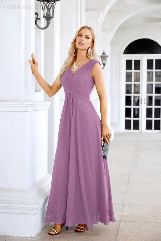 Ladies Chiffon V Neck Sleeveless Floor Length Bridesmaid Evening Dress Wedding Party Evening Dress 28126 by numbersea