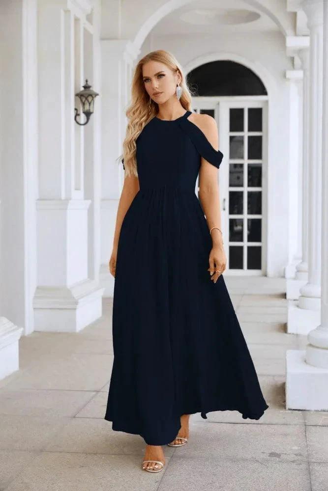 Vestido de noite para madrinhas em chiffon para senhora, com ombros descobertos, mangas largas e racha frontal, para festa de casamento 28117
