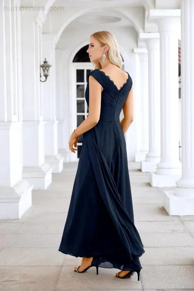Ladies Chiffon V Neck Sleeveless Floor Length Bridesmaid Evening Dress Wedding Party Evening Dress 28126 by numbersea