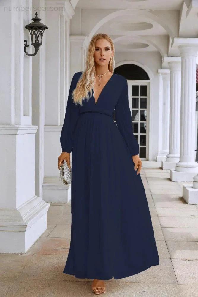 Ladies V Neck Chiffon Long Sleeve Front Slit Bridesmaid Evening Dress Wedding Party Shopping Evening Dress 28109 by numbersea