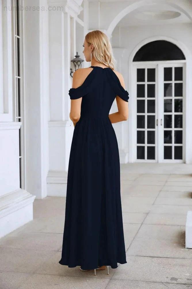Vestido de noite para madrinhas em chiffon para senhora, com ombros descobertos, mangas largas e racha frontal, para festa de casamento 28117