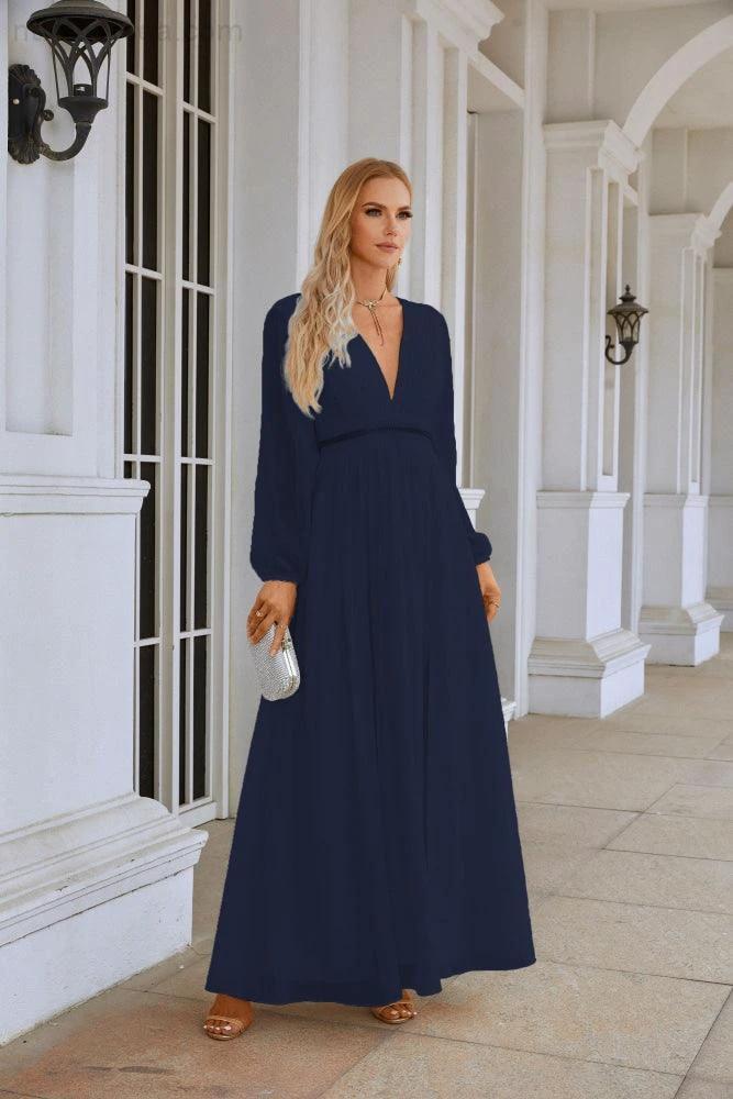Ladies V Neck Chiffon Long Sleeve Front Slit Bridesmaid Evening Dress Wedding Party Shopping Evening Dress 28109 by numbersea