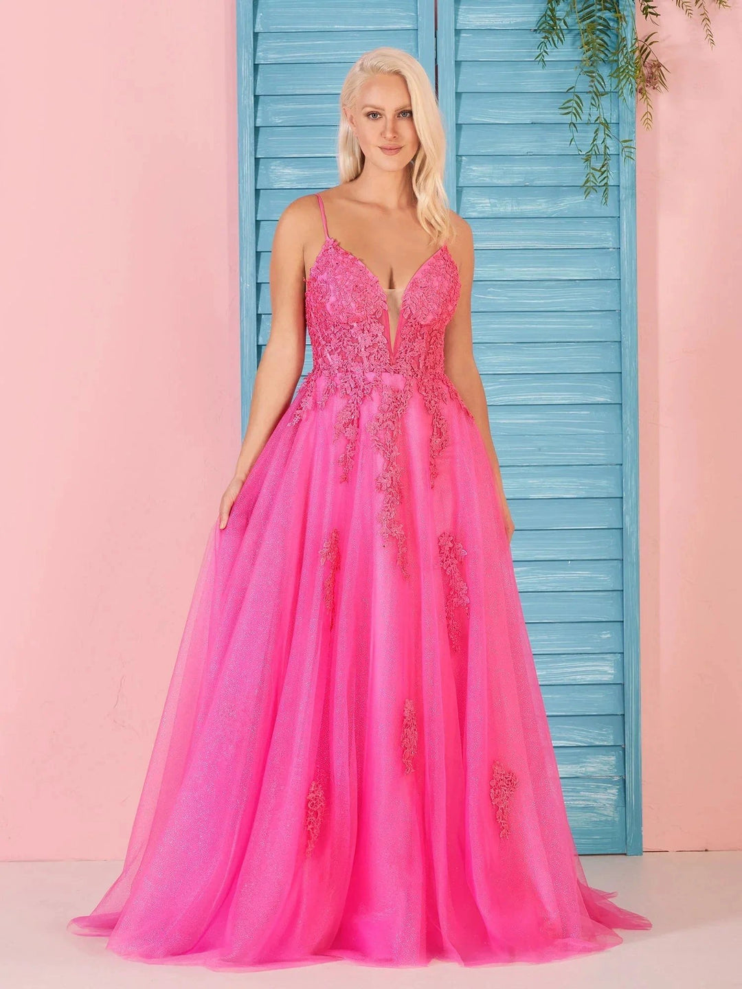 Angelina | A Line V Neck Pink Lace Long Prom Dress by KissProm