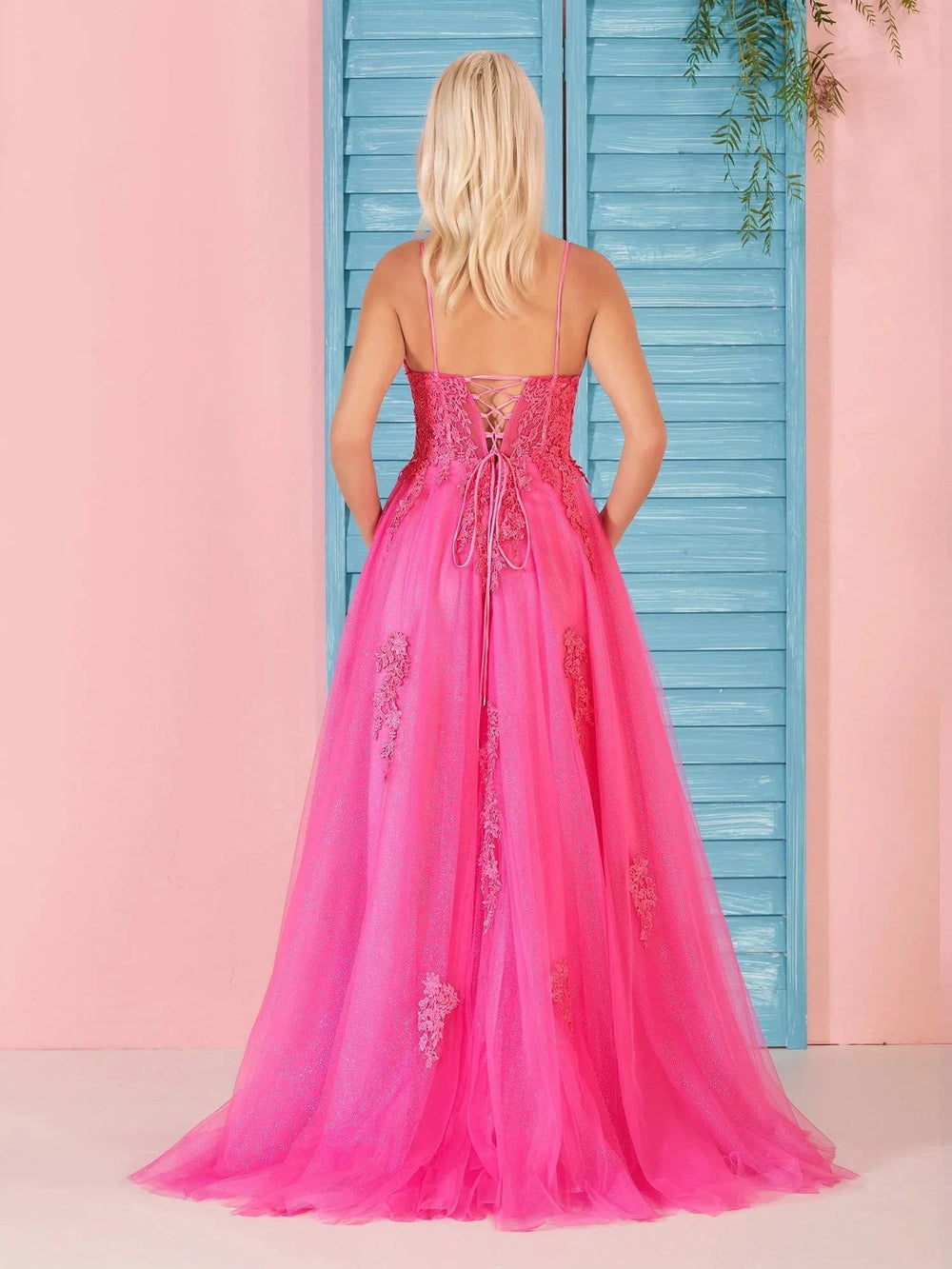Angelina | A Line V Neck Pink Lace Long Prom Dress by KissProm