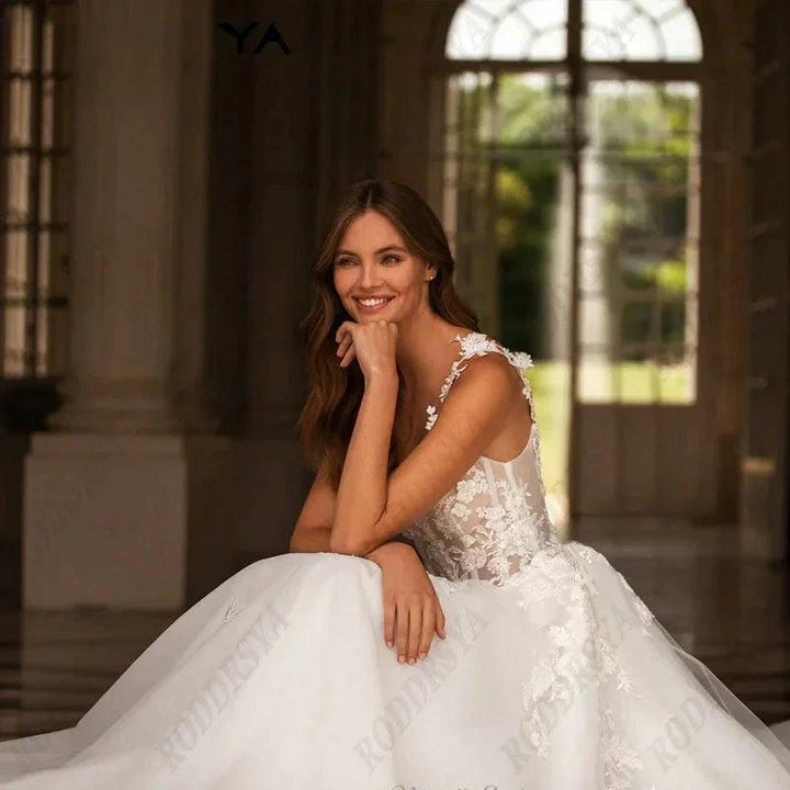 Sexy V-Neck Backless Wedding Dress For Women Romantic Tulle Spaghetti Straps Bride Party A-line Sleeveless Bridal Gown by payinti