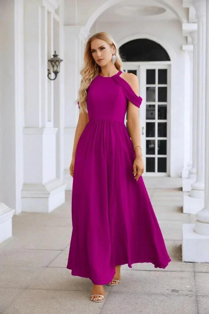 Vestido de noite para madrinhas em chiffon para senhora, com ombros descobertos, mangas largas e racha frontal, para festa de casamento 28117