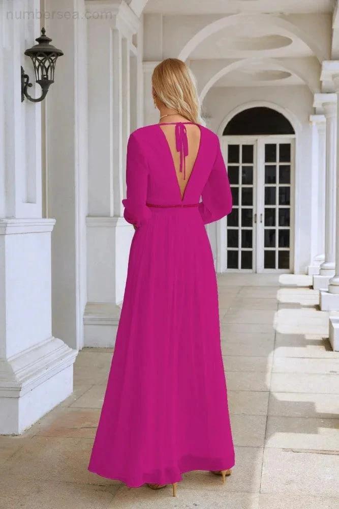 Ladies V Neck Chiffon Long Sleeve Front Slit Bridesmaid Evening Dress Wedding Party Shopping Evening Dress 28109 by numbersea