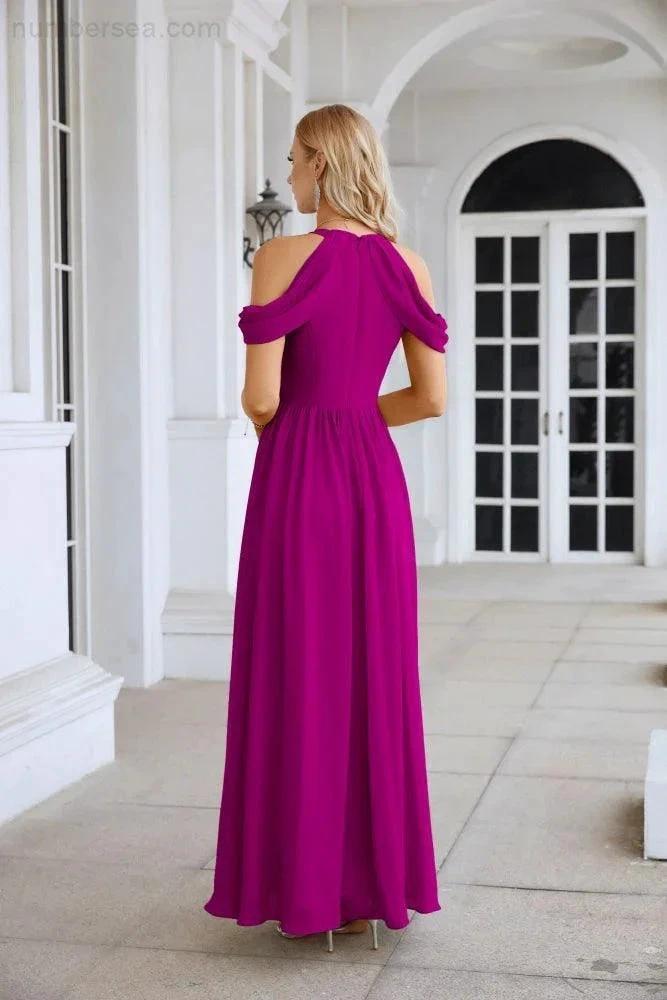 Vestido de noite para madrinhas em chiffon para senhora, com ombros descobertos, mangas largas e racha frontal, para festa de casamento 28117