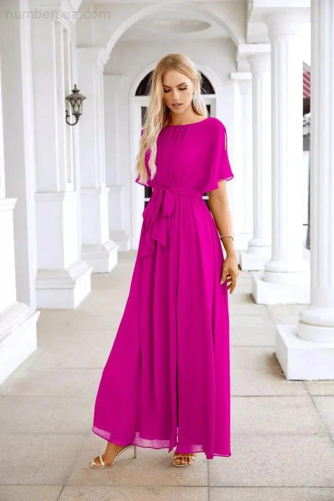 Ladies Chiffon Sleeve Crew Neck Front Slit Floor Length Bridesmaid Evening Dress Wedding Party Evening Dress 28124 by numbersea