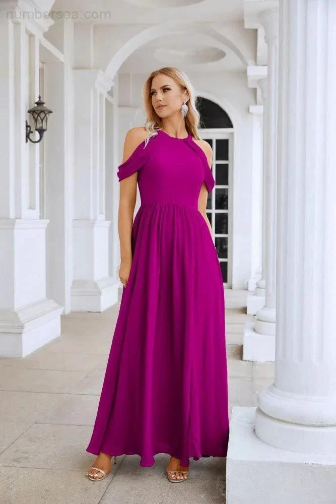 Vestido de noite para madrinhas em chiffon para senhora, com ombros descobertos, mangas largas e racha frontal, para festa de casamento 28117