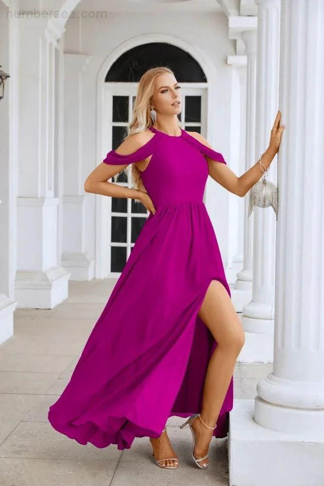 Vestido de noite para madrinhas em chiffon para senhora, com ombros descobertos, mangas largas e racha frontal, para festa de casamento 28117