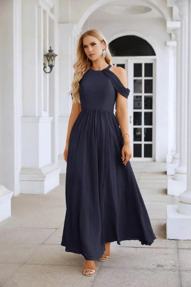 Vestido de noite para madrinhas em chiffon para senhora, com ombros descobertos, mangas largas e racha frontal, para festa de casamento 28117