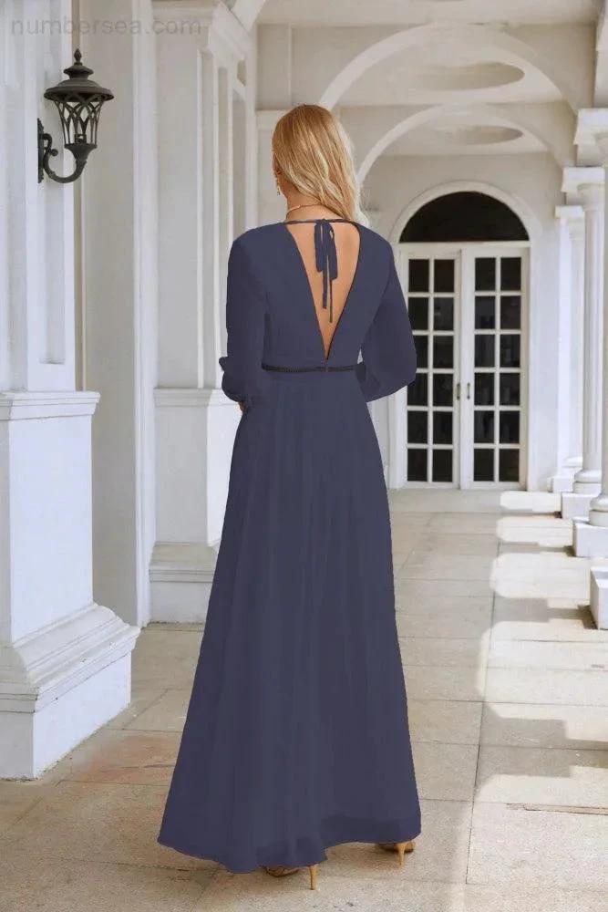 Ladies V Neck Chiffon Long Sleeve Front Slit Bridesmaid Evening Dress Wedding Party Shopping Evening Dress 28109 by numbersea