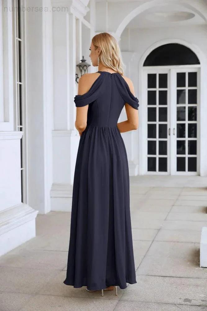 Vestido de noite para madrinhas em chiffon para senhora, com ombros descobertos, mangas largas e racha frontal, para festa de casamento 28117