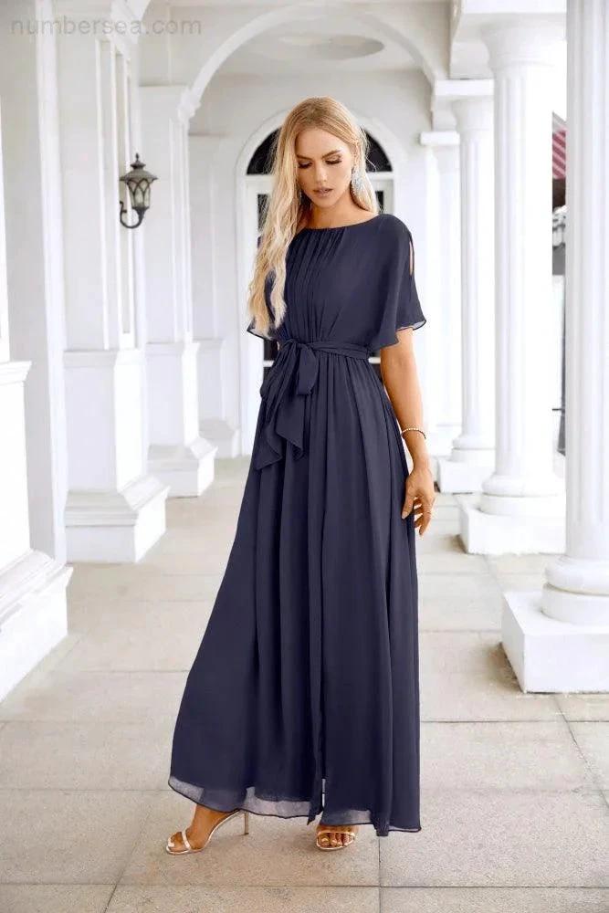Ladies Chiffon Sleeve Crew Neck Front Slit Floor Length Bridesmaid Evening Dress Wedding Party Evening Dress 28124 by numbersea