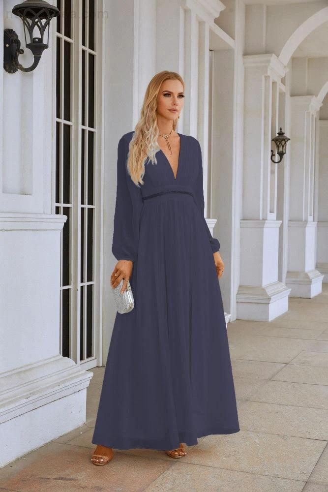 Ladies V Neck Chiffon Long Sleeve Front Slit Bridesmaid Evening Dress Wedding Party Shopping Evening Dress 28109 by numbersea